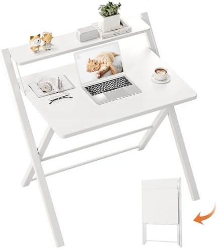 GreenForest Folding Desk No Assembly Required Large Size, 2-Tier Foldable Computer Desk with Shelf for Home Office, Space Saving Portable Laptop Study Foldable Table for Bedroom, White by GreenForest