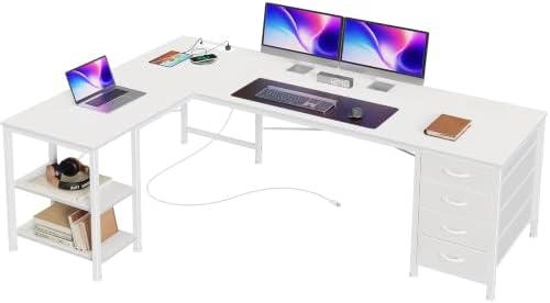 Huuger 55 Inch L Shaped Desk with Fabric Drawers, Reversible Computer Gaming Desk with Power Outlets and USB-C Port, Adjustable Side Storage Shelves, for Work Corner Home Office, White by Huuger