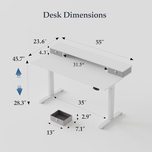 Klicelor 55 x24 Inch Electric Standing Desk with Drawers, Adjustable Height Small Sit Stand Desk for Home Office, Compact Computer Workstation with Storage– White - Image 3