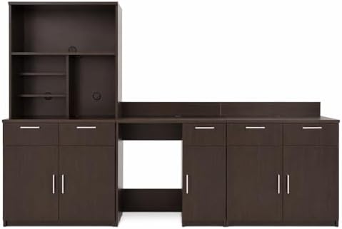 BREAKtime Breakroom Kitchenette Cabinet with 4-Door Storage, Mini Fridge Space & Upper Hutch, Microwave Space, Fully Assembled, 90" W x 24" D x 75" H, Appliances Not Included, Espresso by BREAKtime