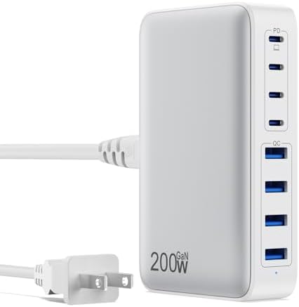 USB C Charger 200W USB C Charger Block,Upgraded GaN III 8-Port Fast Charging Station Hub,PD 65W Laptop Charging Adapter Compatible with MacBook Pro/Air,DELL,Steam Deck,iPhone 16/15/14,Galaxy S23/22 by GKUTW