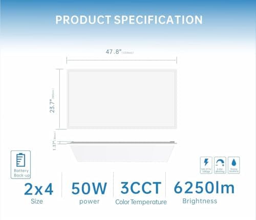 2X4 LED Flat Panel Light with Emergency Battery Backup, 50W 3000K/4000K/5000K, 0-10V Dimmable, 6250 Lumens, LED Drop Ceiling Lights, 100-277V, UL Listed(48 Pack) - Image 4