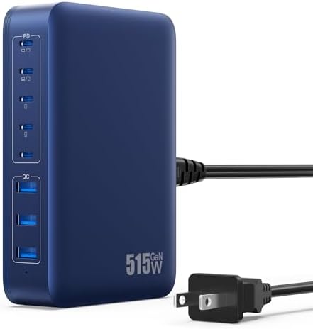 USB C Charger Block 515W[2025 Upgraded] GaN IV 8 Port Fast Charging Station Hub,Dual PD 100W USB C Laptop Charger Compatible with MacBook Pro/Air,iPad,iPhone 16/15,Galaxy S23/S24 Steam Deck Dell XPS by GKUTW