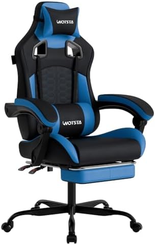 Gaming Chair with Footrest, Gaming Chairs PVC Leather Ergonomic Office Gamer Chair Headrest Lumbar Support Racing Style Video Gaming Chair for Office (Black Blue) by WOTSTA