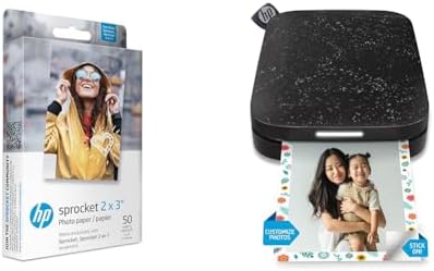 HP Sprocket 2x3" Instant Smartphone Photo Printer (Black) and HP Sprocket 2x3" Premium Zink Sticky Back Photo Paper (50 Sheets) by HP