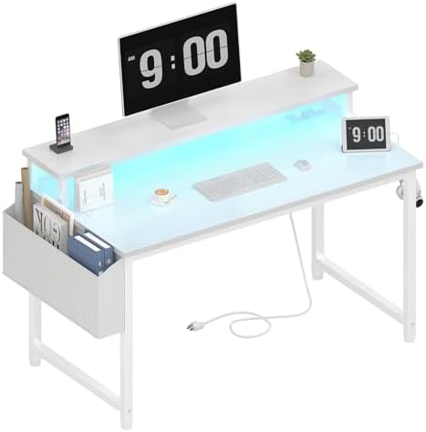 Lufeiya White Computer Desk with LED Lights and Power Outlets, 40 Inch Home Office Desks with Monitor Stand, Teen Writing Study Table Gaming Desk with Charging Station, White by LUFEIYA