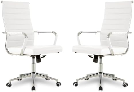 Okeysen Office Desk Chair, Ergonomic Leather Modern Conference Room Chairs, Executive Ribbed Height Adjustable Swivel Rolling Chair for Home Office Set of 2. (White) by Lepdep