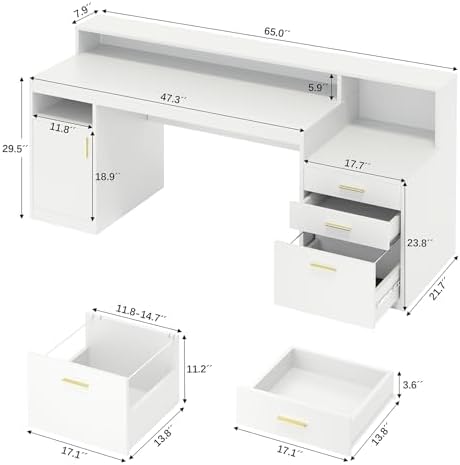 65" White Computer Desk with 3 Drawers & Printer Shelf for Home Office - Image 2