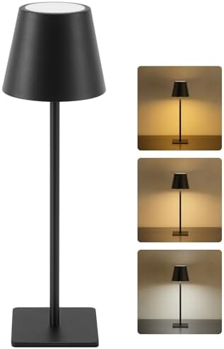 UME Cordless Table Lamp, Battery Operated Lamp - Portable Waterproof Rechargeable Table Lamp w/ 3 Color Temps & Stepless Dimming for Dinner, Desk, Cafe, Outdoor (Black) by UME