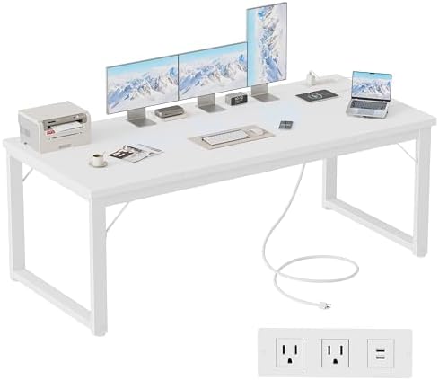 Mericonia 63 Inch Computer Desk with Power Outlets, 1.2" Thick Office Table by MERICONIA