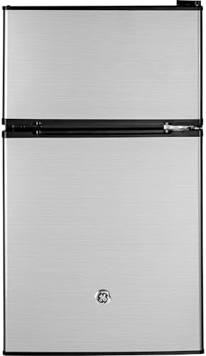 GE Mini Fridge With Freezer | 3.1 Cubic Ft. | Double-Door Design With Glass Shelves, Crisper Drawer & Spacious Freezer | Small Refrigerator Perfect for the Garage, Dorm Room, or Bedroom | Clean Steel by Unknown