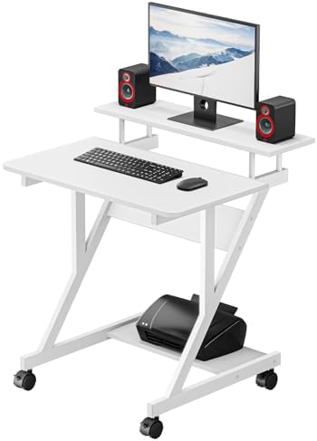 Dripex Computer Desk for Small Spaces, 27.5 inch Small Computer Desk, 3 Tier Compact Desk with Monitor Shelf and Bottom Storage Shelves, Space Saving Desk, White by Dripex
