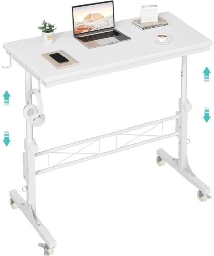 WINAZ Rolling Standing Desk with Wheels, 32" Adjustable Height Small Portable Teacher Desk for Classroom, Mobile Treadmill Walking Pad Table for Laptop, Compact White Home Office Workstation by Unknown