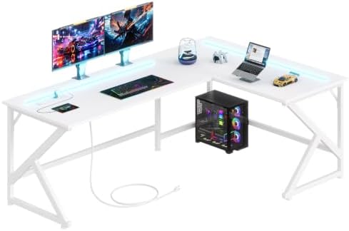 39.4'' L Shaped Gaming Desk with LED Lights & Power Outlets, White Desk by GRANNYSAYS