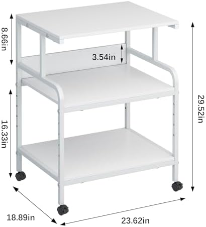 Arbuxzuy Large Printer Stand with Storage Shelf, 23.6" W x 18.9" D Printer Cart with Wheels, 3 Tier Mobile Printer Table for Home Office,Stands for Heat Press Scanner Fax (White) - Image 4