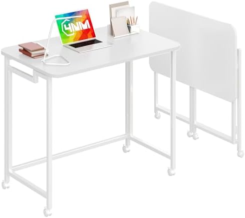 4NM 27.5" Mobile Small Rolling Computer Desk, Folding Laptop Cart Table with Wheels, Portable Office Desk for Small Space Couch Bed - All White by 4NM