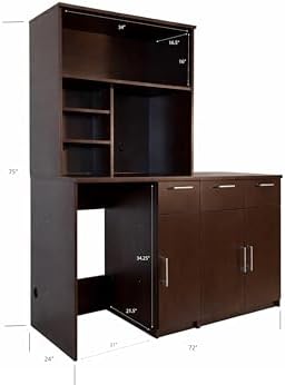 BREAKtime Breakroom Kitchenette Cabinet with 2-Door Storage, Mini Fridge Space & Upper Hutch, Microwave Space, Fully Assembled, 72" W x 24" D x 75" H, Appliances Not Included, Espresso - Image 3