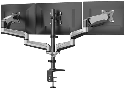 HUANUO Gaming Triple Monitor Stand, Full Motion Articulating Triple Monitor Mount Fit 17 to 32 inch Flat/Curved LCD Computer Screens with Clamp, Grommet Kit, Silver by HUANUO