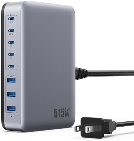 USB C Charger Block 515W[2025 Upgraded] GaN IV 8 Port Fast Charging Station Hub,Dual PD 100W USB C Laptop Charger Compatible with MacBook Pro/Air,iPad,iPhone 16/15,Galaxy S23/S24 Steam Deck Dell XPS by GKUTW