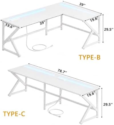 39.4'' L Shaped Gaming Desk with LED Lights & Power Outlets, White Desk - Image 3