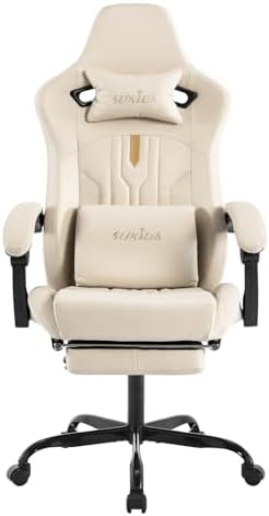 Gaming Chair with Footrest Ergonomic Computer Chair Massage Lumbar Cushion, Racing Video Game Chair Adjustable Rocker Recliner Executive Office Desk Chair Pu Leather for Adults, Beige by SUKIDA