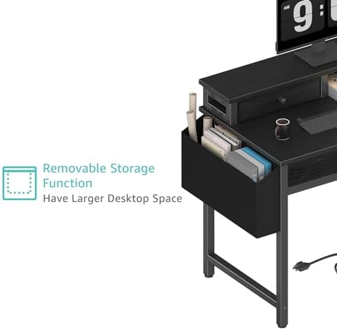 Lufeiya Small Desk with Drawers for Home Office Bedroom, 31 inch Black Writing Study Desks with Fabric Drawers Storage, Gaming Desk Table with Power Outlet & Monitor Stand, Black - Image 7