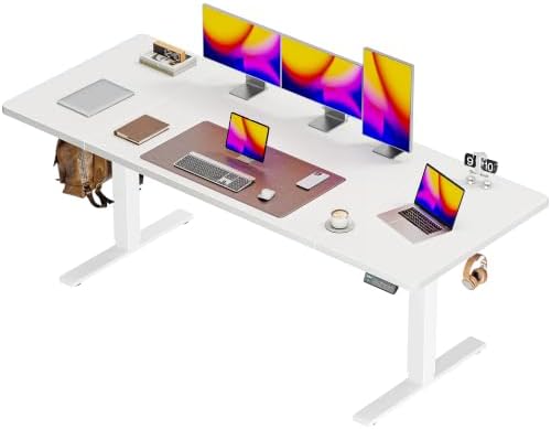 Huuger 71 x 30 Large Electric Standing Desk, Height Adjustable Computer Desk, 29.5" Deep Desktop, Stand up Gaming Office Table with 2 Hooks, 3 Preset Heights, for Home Office, White by Huuger