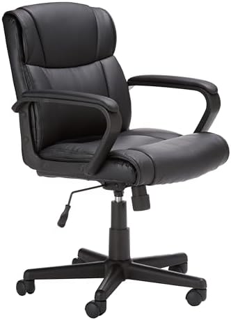Amazon Basics Office Task Chair with Adjustable Height, 360° Swivel, Padded Armrests, Mid-Back, Rolling, 275 Pound Capacity, 24.2"D x 24"W x 34.8"H, Black Faux Leather by AmazonBasics