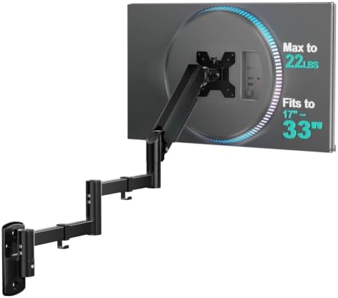 WALI Long Arm Monitor Wall Mount for 17-33 inch Screens, up to 22lbs by WALI