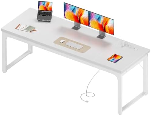 Coleshome 71 Inch Long Computer Desk with Power Outlet, Thicker Desktop & Legs, Large Heavy Duty Office Desk for Home Office & Gaming, White by Coleshome