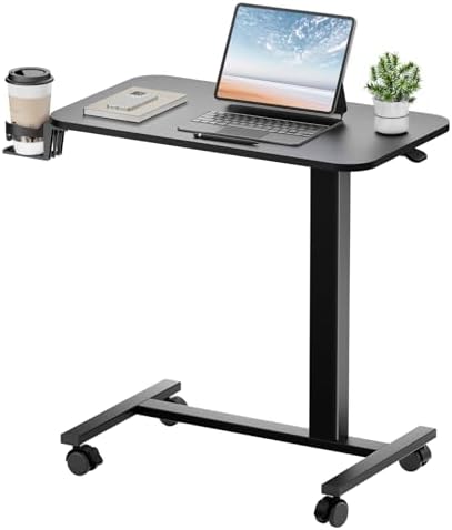 GTPLAYER Small Standing Desk with Lockable Wheels, Pneumatic Mobile Rolling Laptop Desk,Adjustable Height Overbed Bedside Table Computer Workstation for Home Office (28" W x 16" D, Black) by GTPLAYER