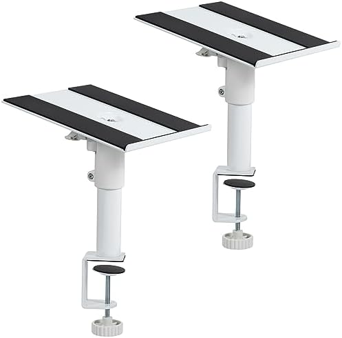 VIVO Clamp-on Speaker Stand Desk Mount Set, 10 x 9 inch Trays, Height Adjustment and Tilt, Universal Audio Holders for Computer and Bookshelf Speakers, Elevated Sound, 2 Pack, White, MOUNT-SP01CW by VIVO