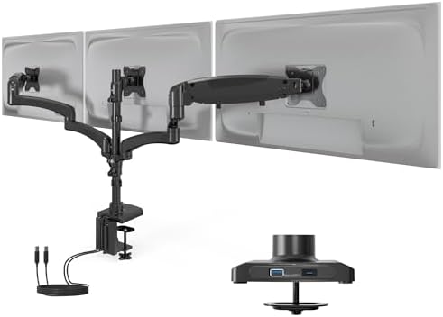 Mount-It! Triple Monitor Desk Stand, USB-A & C, Black by Mount-It