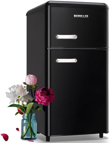 DEMULLER 100L Black Mini Fridge 2 Door Compact Refrigerator with Freezer, Small Refrigerator with 7 Adjustable Temperature Control, 2 Removable Glass Shelves and 1 Crisper Drawer by DEMULLER