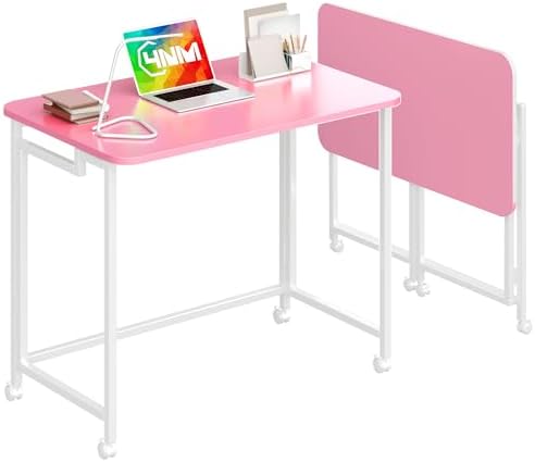 4NM 31.5" Mobile Small Rolling Computer Desk, Folding Laptop Cart Table with Wheels, Portable Office Desk for Small Space Couch Bed - Pink and White by 4NM