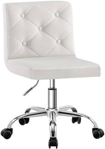 VECELO PU Leather Mid-Back Armless Vanity Chair Adjustable Height 360° Rolling Swivel for Home Office Work, White by VECELO