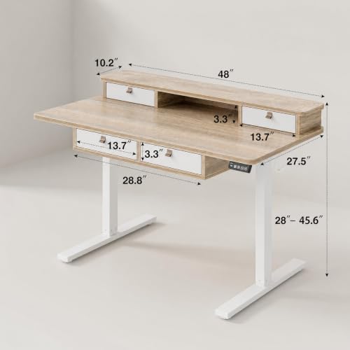 Grandder Electric Standing Desk with Four Drawers, Sit to Stand Up Height Adjustable Desk with Storage Shelf for Home Office, 47 * 28 Inch, Study, Ergonomic Adjustable Computer Desk, Maple - Image 2