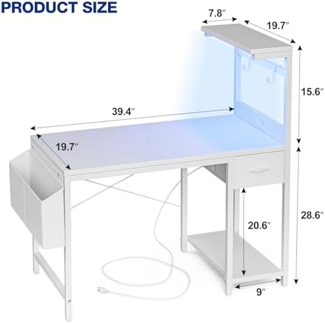 Grandder Gaming Desk 40 Inch with Power Outlet and LED Light, Computer Desk with Reversible Shelves and Storage Drawer, Pc Small Desk for Home Office Table with Bag, Carbon Fiber White - Image 3