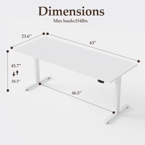Klicelor 63 Inch Large Electric Standing Desk, Height Adjustable Office Desk, Sit Stand Up Computer Gaming Desk with Memory Preset, Three-Piece Desktop, White - Image 3
