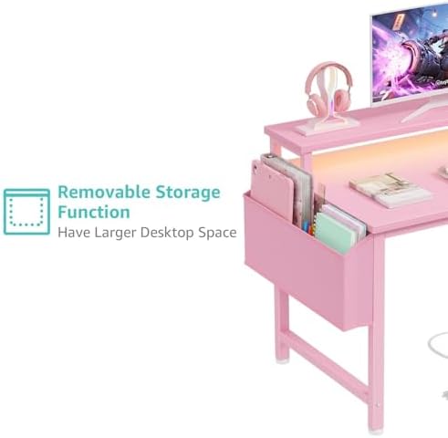 Lufeiya Small Girls Desk with Power Outlets and LED Lights, 32 Inch Gaming Desk Table with Charging Station, Home Office Computer Desks with Monitor, Pink - Image 7