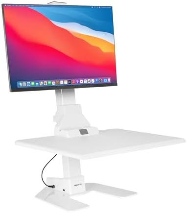 Mount-It! Electric Standing Desk Converter, Adjustable Tabletop Sit Stand Desk Riser with Single Monitor Mount for Monitors up to 32", Freestanding 28" Wide Platform Rises up to 20.75" White by Mount-It