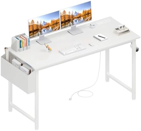Lufeiya White Computer Desk with Power Outlet, 47 inch Teen Study Table Home Office Work Writing Gaming Desks with Charging Station Outlets Built in, White by LUFEIYA