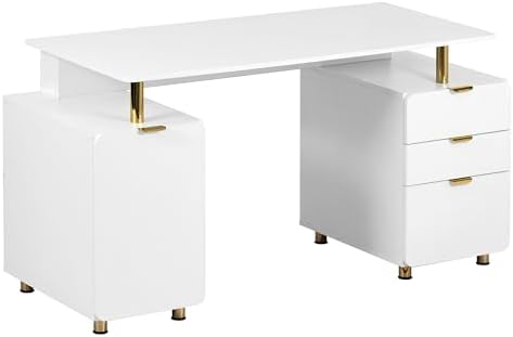 Techni Mobili 57"W Computer Desk w/ 3 Drawers & Storage Cabinet, White/Gold by TechniMobili