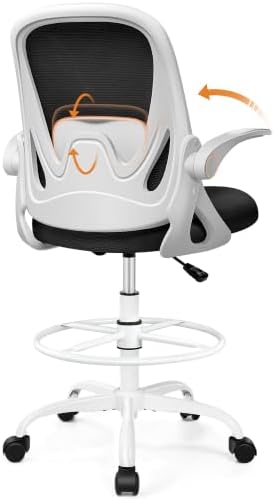 Drafting Chair Tall Office Chair with Flip-up Armrests, Adjustable Height, and Enhanced Lumbar Support - Ergonomic Rolling Stool, Back Support, and Adjustable Foot Rest Ring for Standing Desk White by Primy