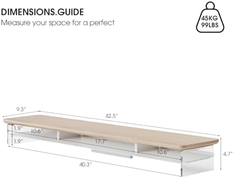 Fenge 42.5" Dual Monitor Stand with Clear Acrylic Legs, Oak - Image 5