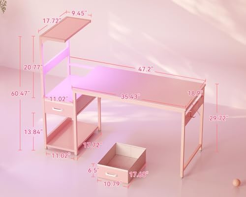 Casaottima 48 Inch Gaming Desk with Storage & LED Lights, Reversible Computer Desk with Display Shelves & Fabric Drawer, Modern Gamer Desk Table with Side Headphone Hook, Carbon Fiber Pink - Image 3