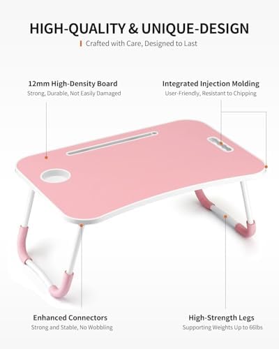 FISYOD Foldable Laptop Table, Portable Lap Desk Bed Table Tray, Laptop Stand with Cup Holder & Tablet Slot & Lifting Handle for Working Writing Drawing & Eating (Light Pink) - Image 6