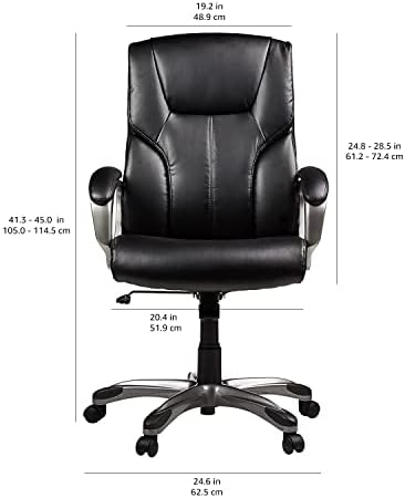 Amazon Basics Executive High Back Office Chair, Adjustable Height, Tilt, Swivel, Padded Seat, Bonded Leather, Wheels, Black/Silver - Image 3