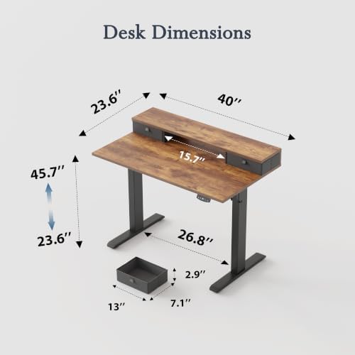 Klicelor 40 x 24 Inch Electric Standing Desk with Drawers, Adjustable Height Small Sit Stand Desk for Home Office, Compact Computer Workstation with Storage– Rustic Brown - Image 3