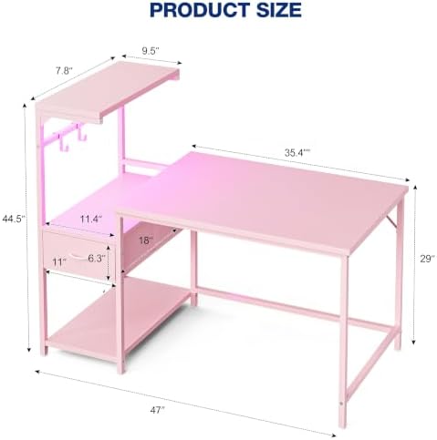 Grandder Gaming Desk 47 Inch with CPU Stand and LED Light, Computer Desk with Reversible Shelves and Storage Drawer, Pc Small Desk for Home Office Table with Bag, Pink - Image 3